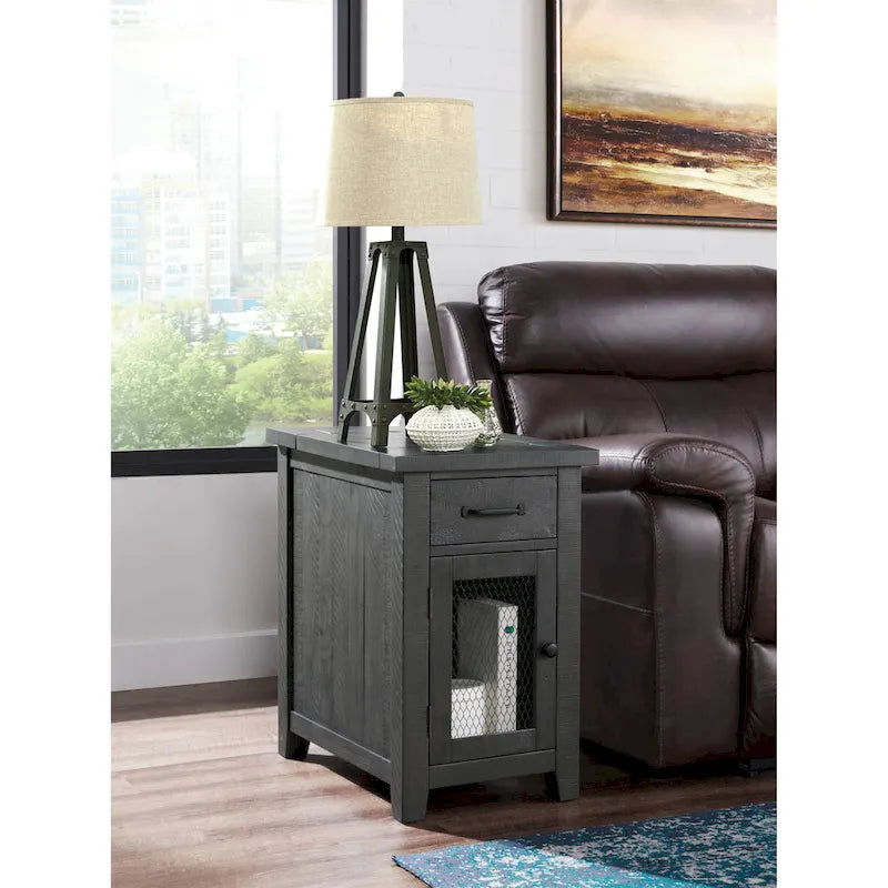 Table d'appoint rustique en bois massif avec station de recharge dissimulée
