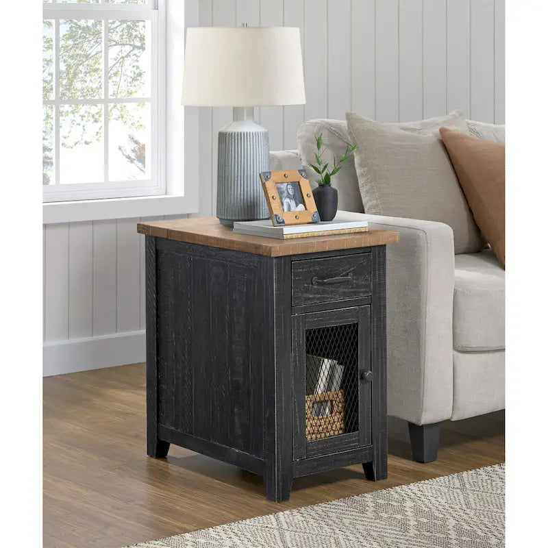 Table d'appoint rustique en bois massif avec station de recharge dissimulée