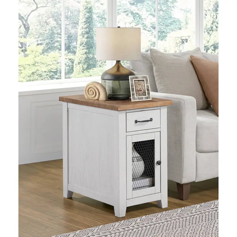 Table d'appoint rustique en bois massif avec station de recharge dissimulée