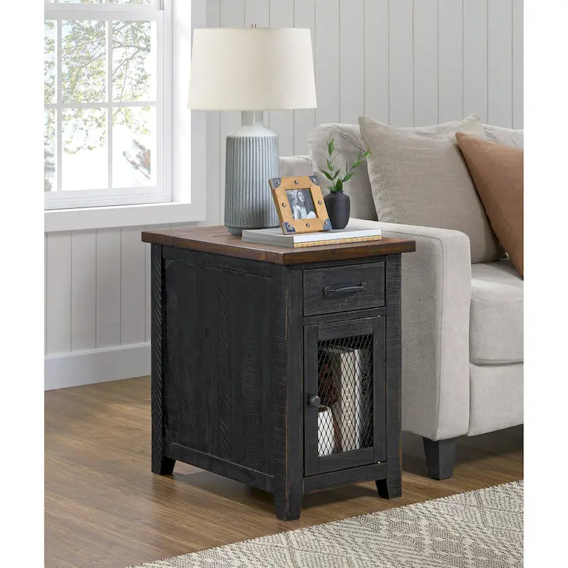 Table d'appoint rustique en bois massif avec station de recharge dissimulée