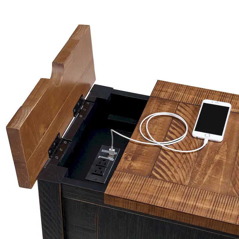 Table d'appoint rustique en bois massif avec station de recharge dissimulée