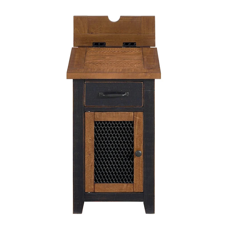 Table d'appoint rustique en bois massif avec station de recharge dissimulée