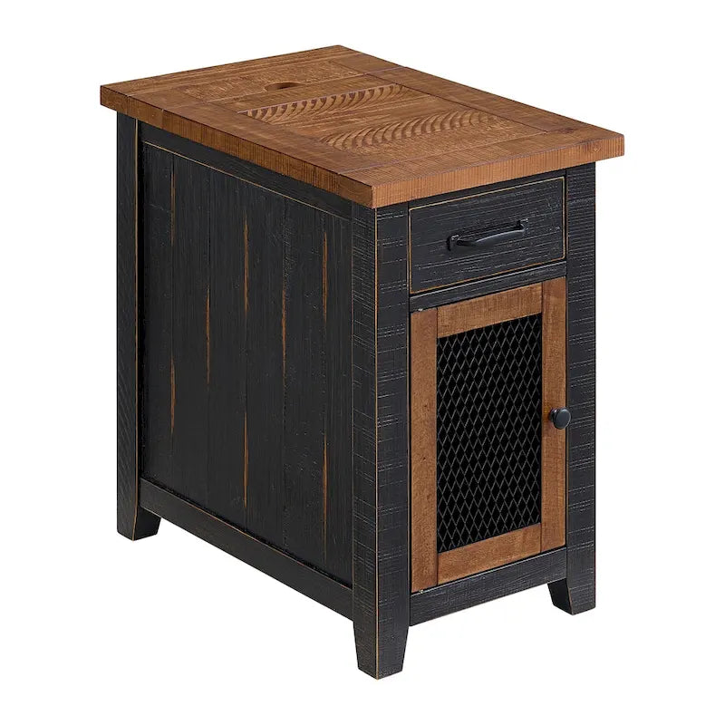 Table d'appoint rustique en bois massif avec station de recharge dissimulée