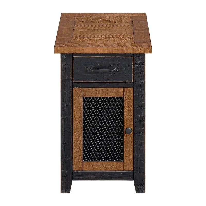 Table d'appoint rustique en bois massif avec station de recharge dissimulée