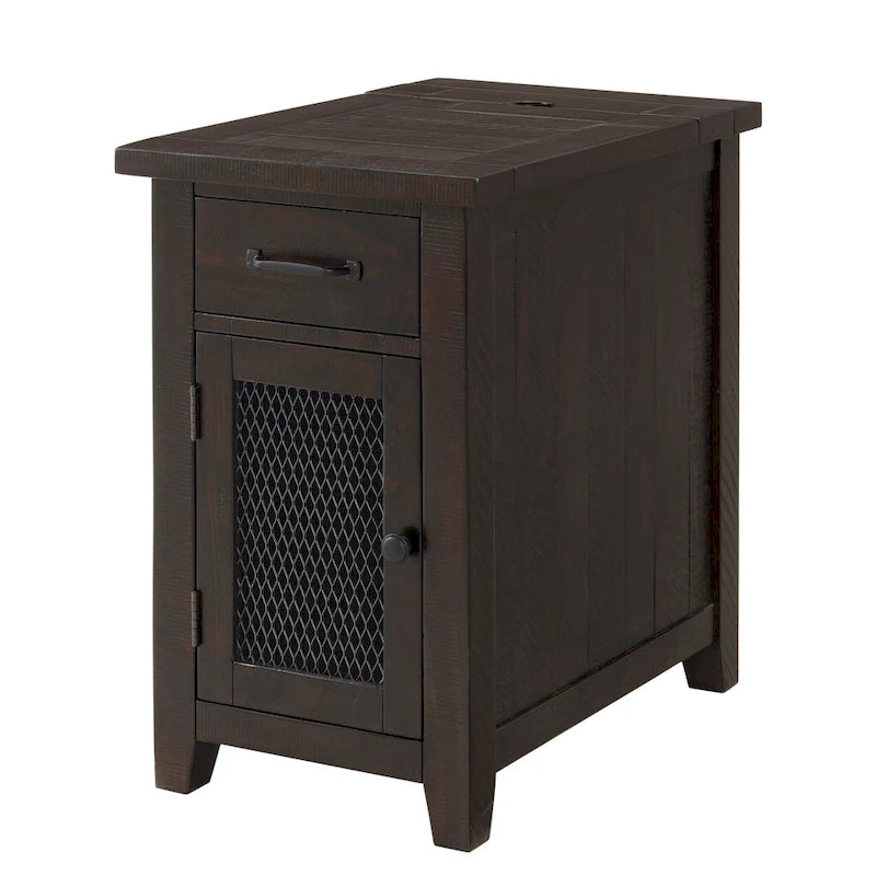 Table d'appoint rustique en bois massif avec station de recharge dissimulée