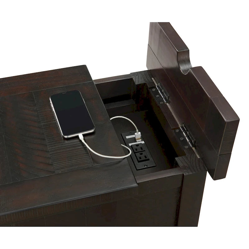 Table d'appoint rustique en bois massif avec station de recharge dissimulée