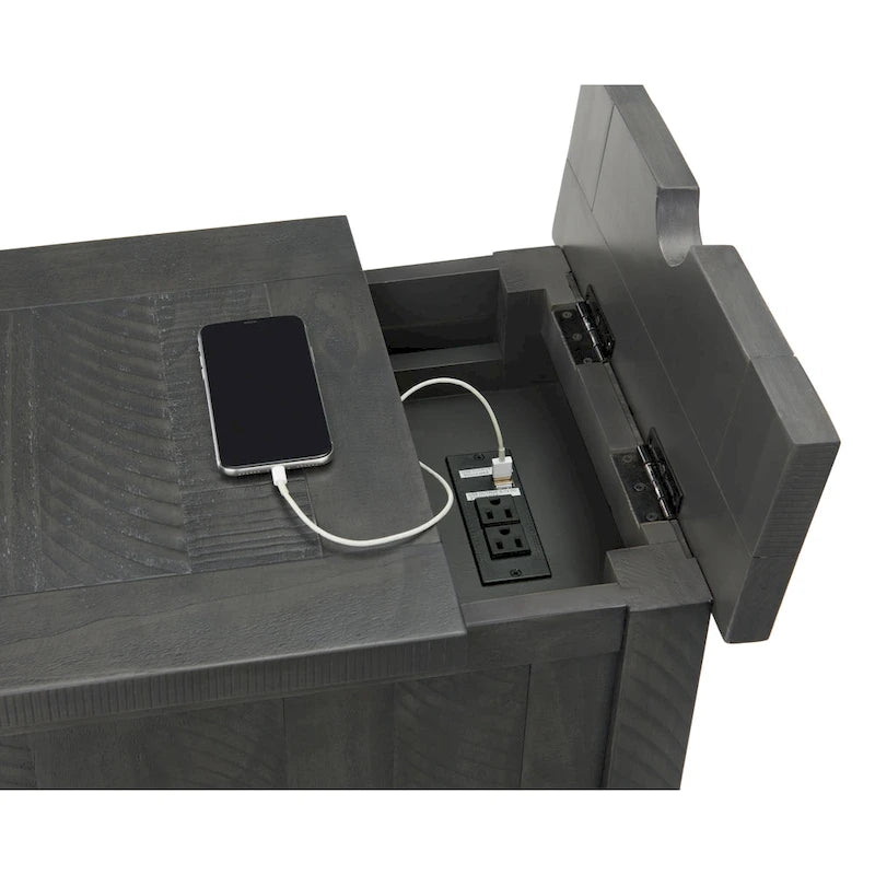 Table d'appoint rustique en bois massif avec station de recharge dissimulée
