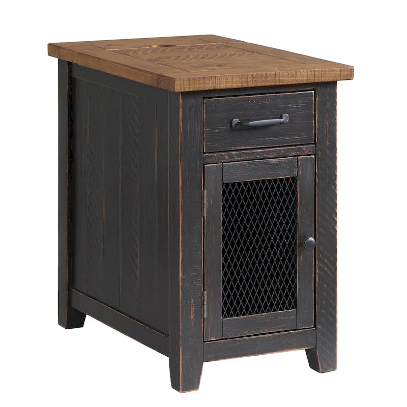 Table d'appoint rustique en bois massif avec station de recharge dissimulée