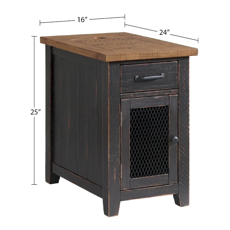 Table d'appoint rustique en bois massif avec station de recharge dissimulée