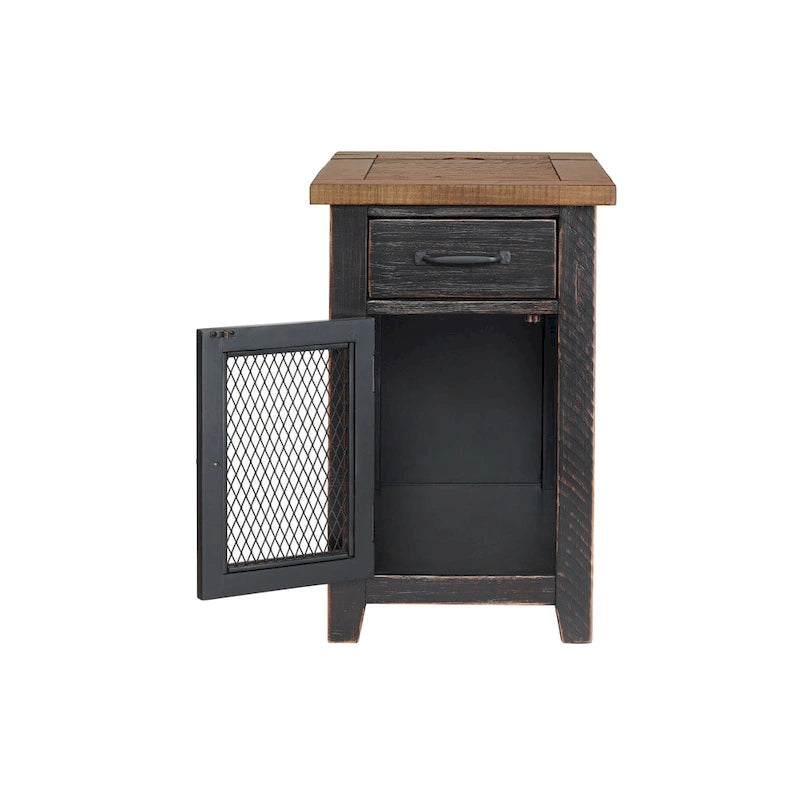 Table d'appoint rustique en bois massif avec station de recharge dissimulée