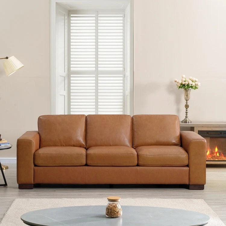 Grand canapé en cuir véritable - Confort ultime Canapé de salon de style Mid-Century Canapé moderne avec pieds blocs robustes