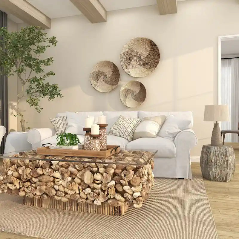 Magnifique tabouret contemporain en bois avec incrustation de coquillages