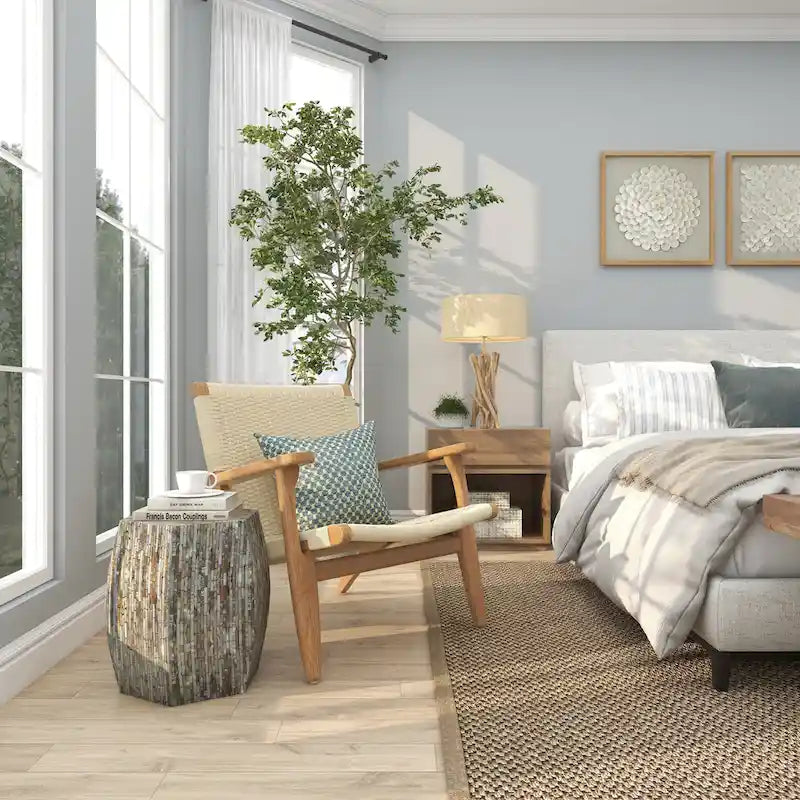 Magnifique tabouret contemporain en bois avec incrustation de coquillages