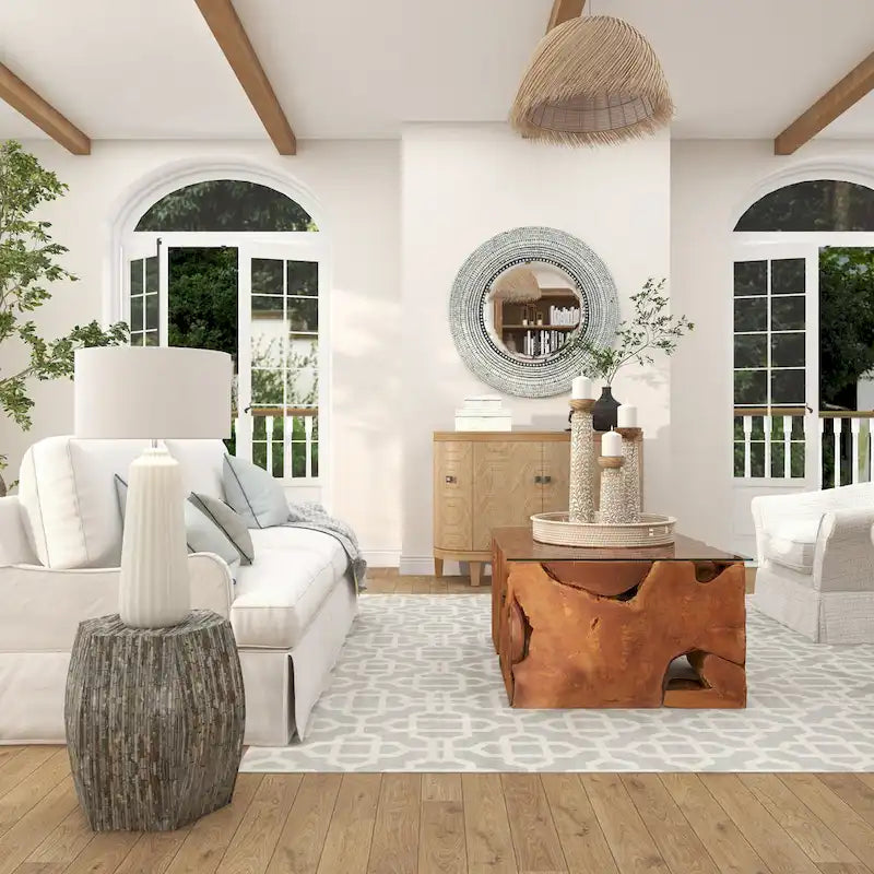 Magnifique tabouret contemporain en bois avec incrustation de coquillages