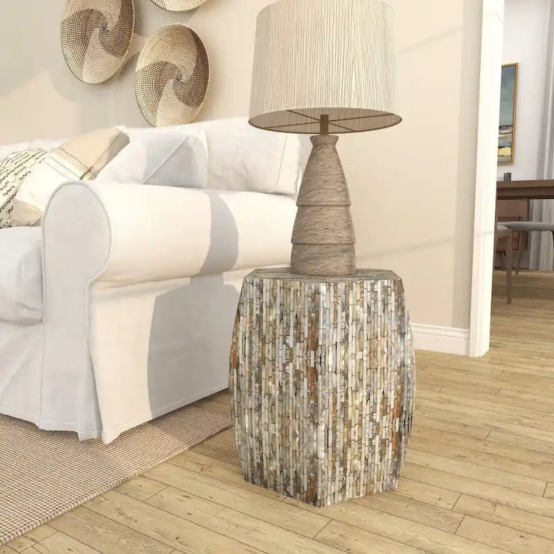Magnifique tabouret contemporain en bois avec incrustation de coquillages