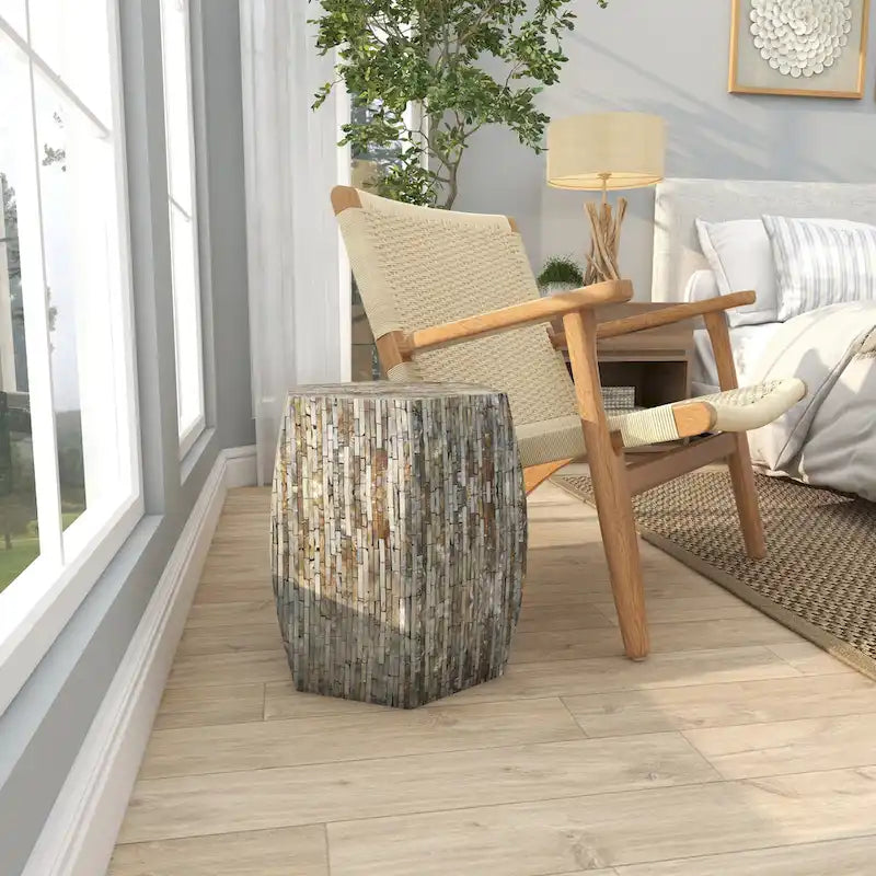 Magnifique tabouret contemporain en bois avec incrustation de coquillages