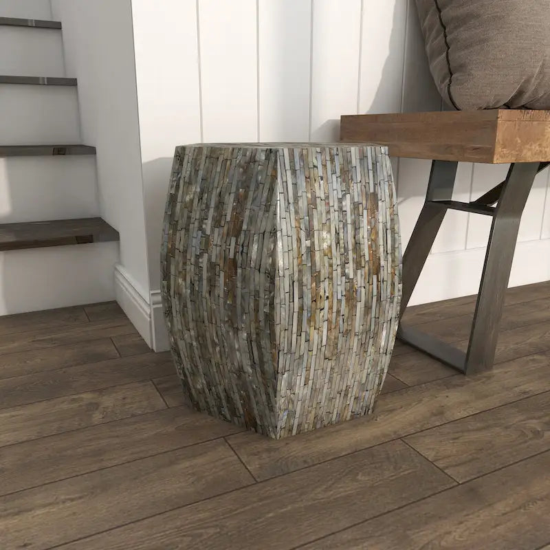 Magnifique tabouret contemporain en bois avec incrustation de coquillages