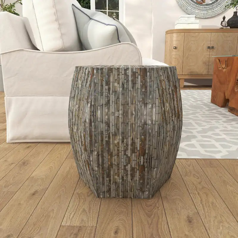 Magnifique tabouret contemporain en bois avec incrustation de coquillages