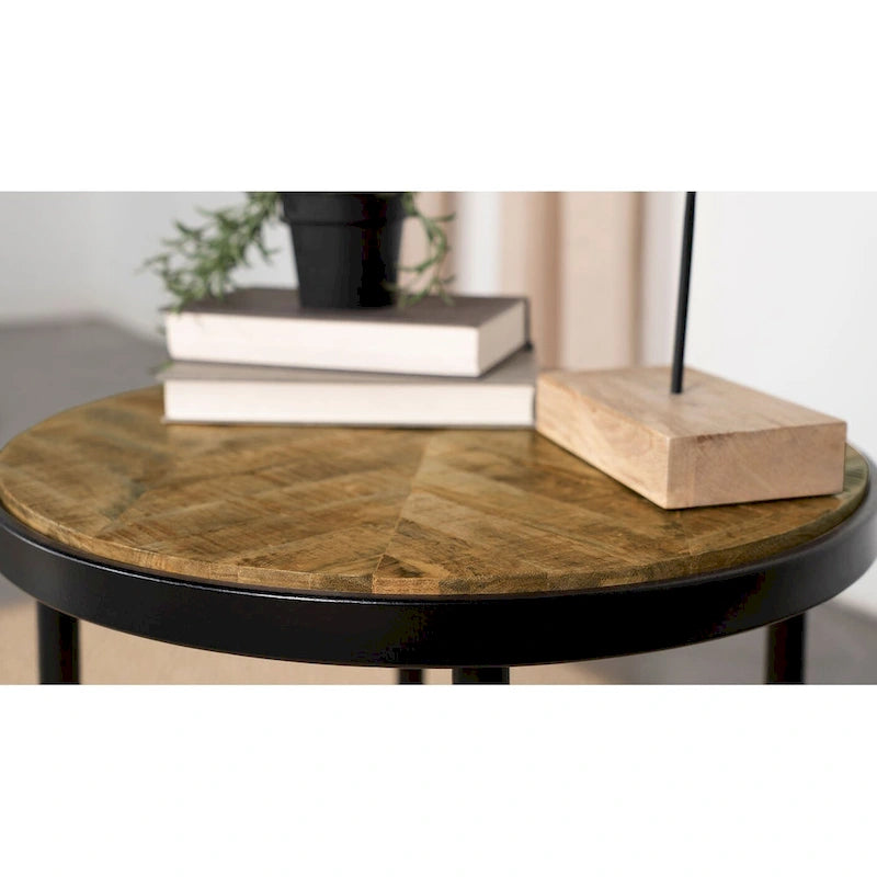 Table d'appoint Hayden en manguier naturel et noir avec plateau rond en bois