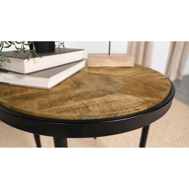 Table d'appoint Hayden en manguier naturel et noir avec plateau rond en bois