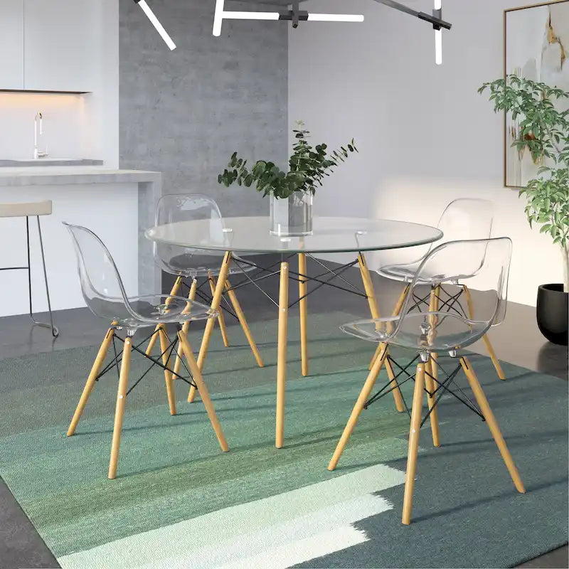 Table de salle à manger ronde moderne Dover 47 pour 4 personnes - Table classique du milieu du siècle avec plateau en verre/bois pour salon et cuisine