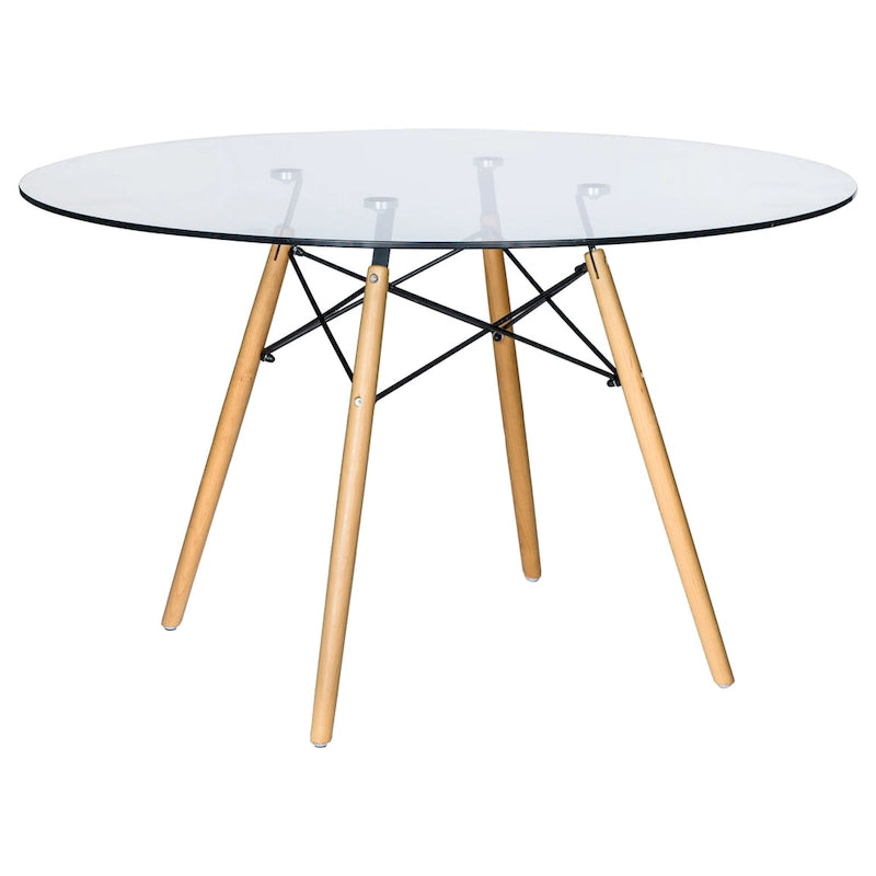 Table de salle à manger ronde moderne Dover 47 pour 4 personnes - Table classique du milieu du siècle avec plateau en verre/bois pour salon et cuisine