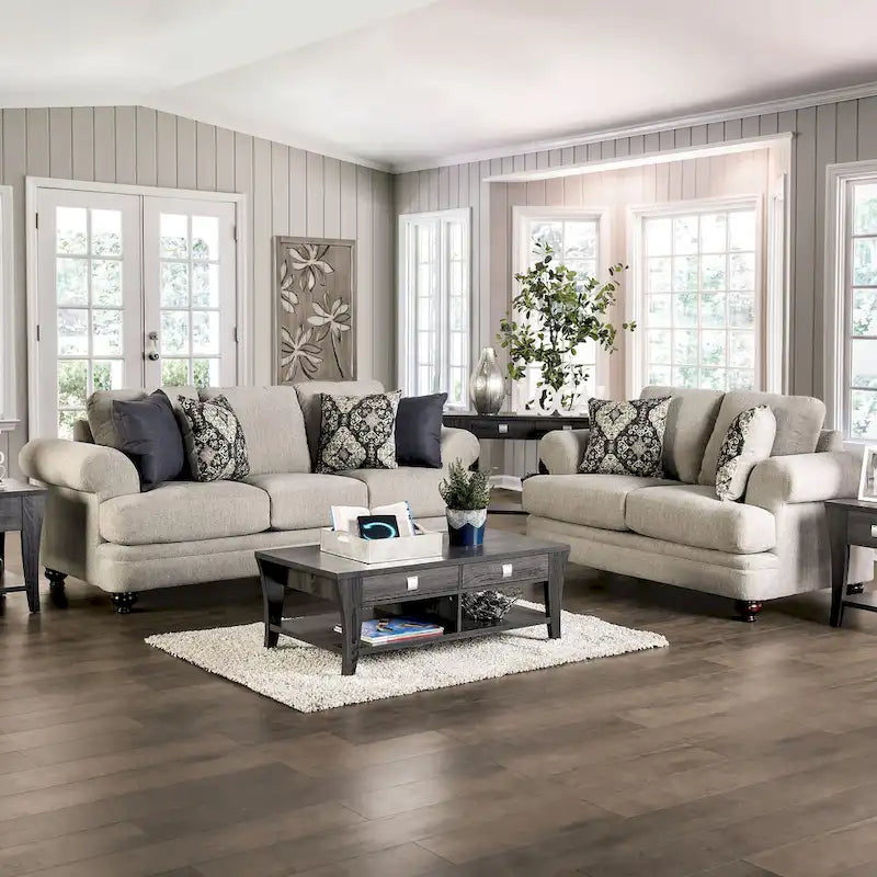 Canapé Frane transitionnel beige en chenille avec coussins en T par Furniture of America