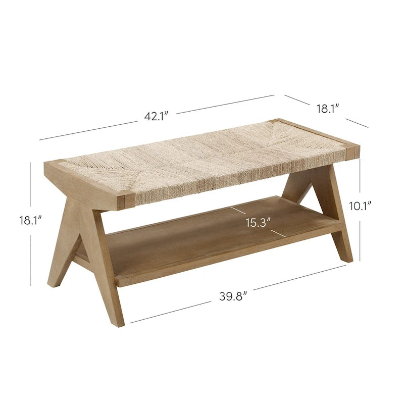 Banc Bohème Beacon avec rangement à chaussures, banc d'entrée ou de bout de lit en jonc de mer avec cadre en bois massif