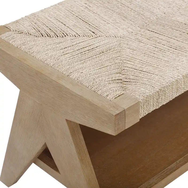Banc Bohème Beacon avec rangement à chaussures, banc d'entrée ou de bout de lit en jonc de mer avec cadre en bois massif