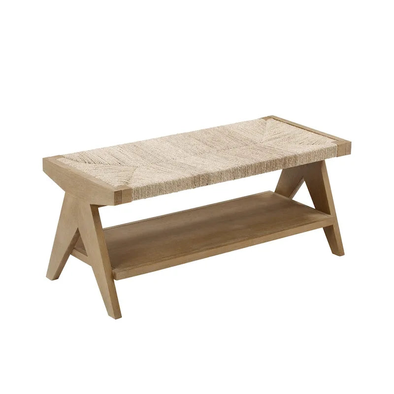 Banc Bohème Beacon avec rangement à chaussures, banc d'entrée ou de bout de lit en jonc de mer avec cadre en bois massif