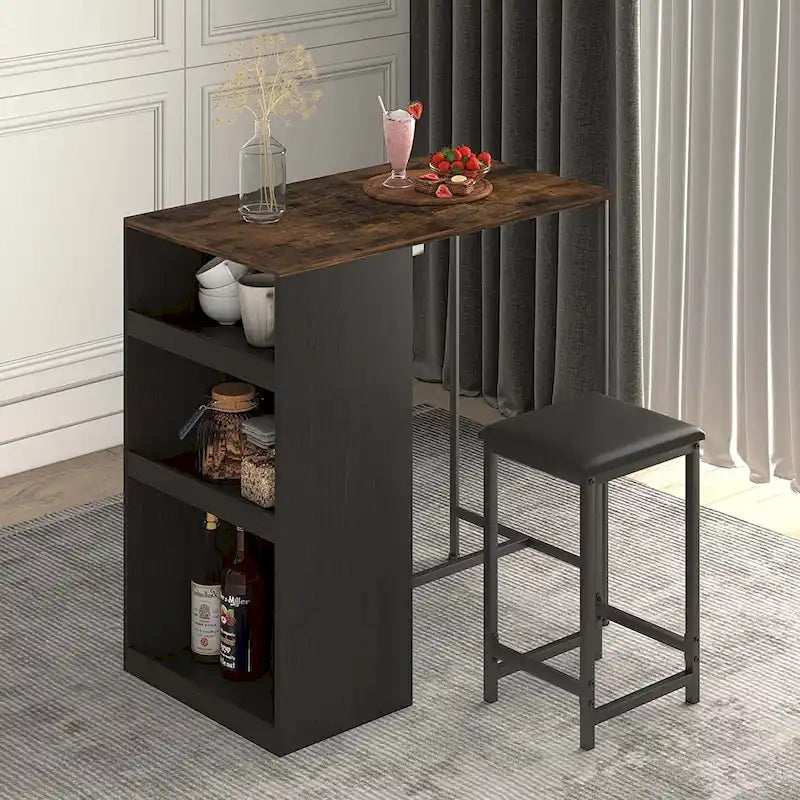 Mixoy Ensemble table et tabourets de cuisine avec 3 étagères de rangement, table de bar bistro avec tabourets de bar, comptoir de bar, convient pour la consommation de boissons.
