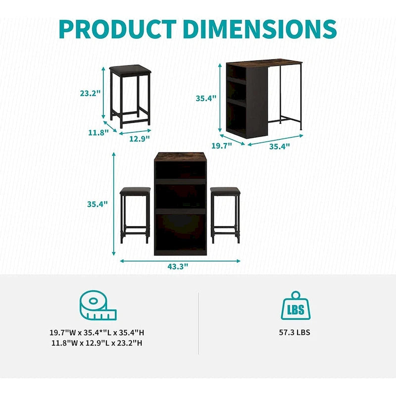 Mixoy Ensemble table et tabourets de cuisine avec 3 étagères de rangement, table de bar bistro avec tabourets de bar, comptoir de bar, convient pour la consommation de boissons.