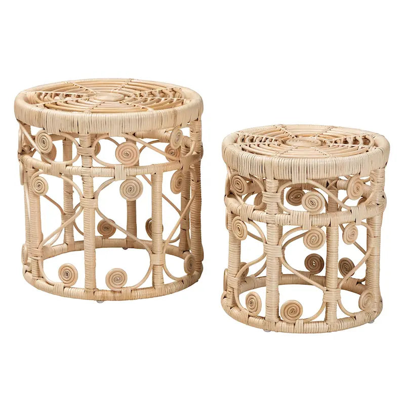 Tables d'appoint gigognes Bowie modernes bohèmes en rotin naturel marron - Lot de 2