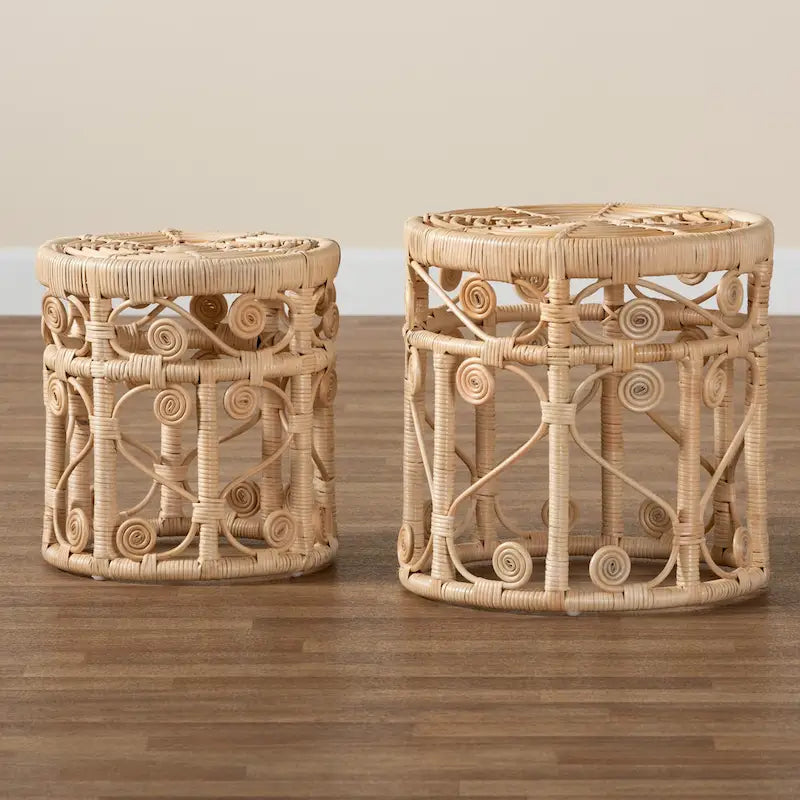 Tables d'appoint gigognes Bowie modernes bohèmes en rotin naturel marron - Lot de 2