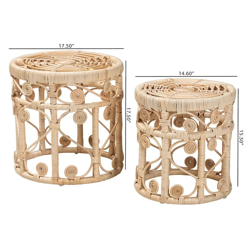 Tables d'appoint gigognes Bowie modernes bohèmes en rotin naturel marron - Lot de 2