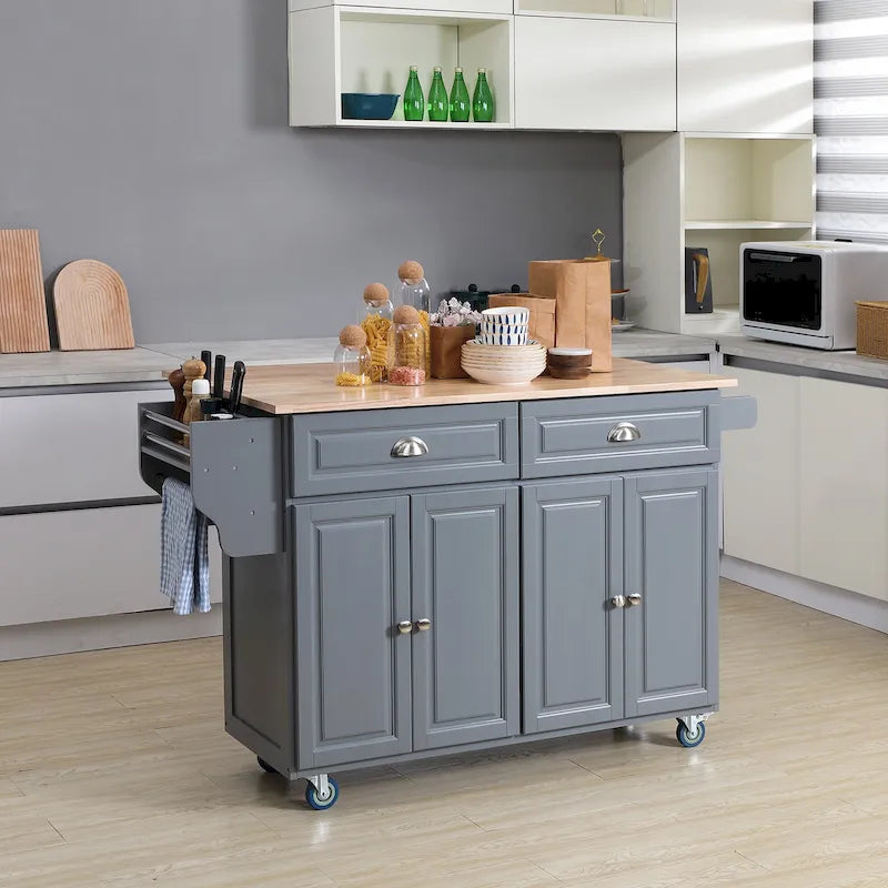 HOMCOM Desserte de cuisine roulante avec abattant et plan de travail en bois d'hévéa, tiroirs de rangement, gris foncé
