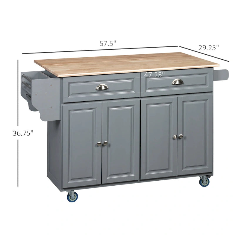 HOMCOM Desserte de cuisine roulante avec abattant et plan de travail en bois d'hévéa, tiroirs de rangement, gris foncé