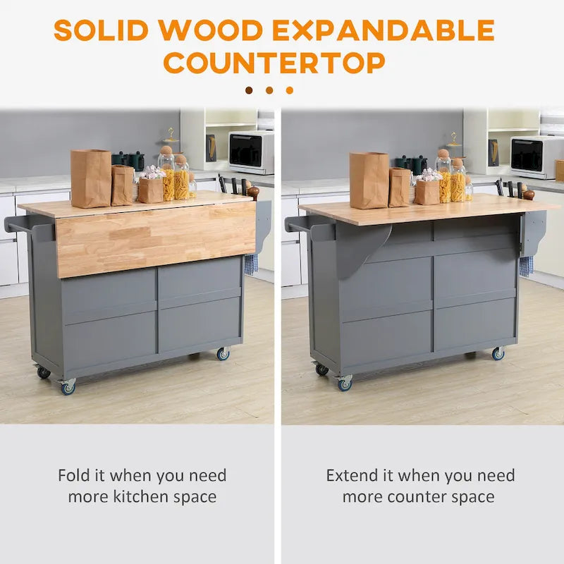 HOMCOM Desserte de cuisine roulante avec abattant et plan de travail en bois d'hévéa, tiroirs de rangement, gris foncé