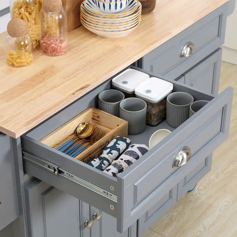 HOMCOM Desserte de cuisine roulante avec abattant et plan de travail en bois d'hévéa, tiroirs de rangement, gris foncé