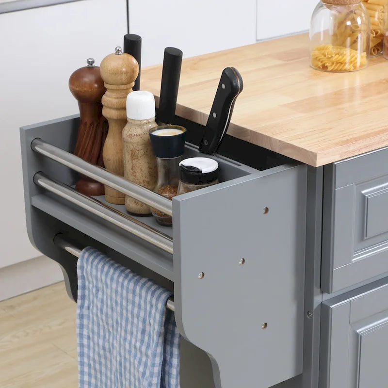 HOMCOM Desserte de cuisine roulante avec abattant et plan de travail en bois d'hévéa, tiroirs de rangement, gris foncé