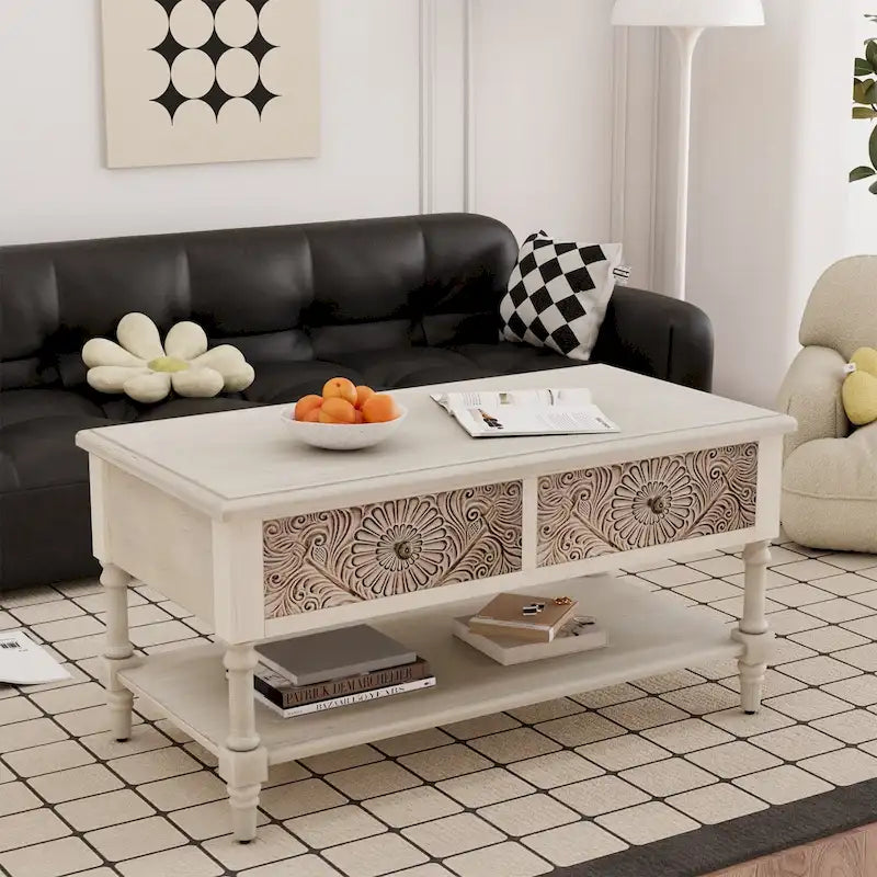 Table basse rectangulaire VENTOPYR au style moderne du milieu du siècle avec 2 tiroirs et une étagère