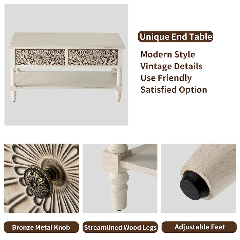 Table basse rectangulaire VENTOPYR au style moderne du milieu du siècle avec 2 tiroirs et une étagère