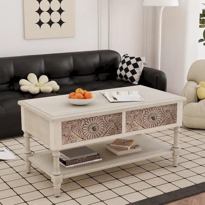 Table basse rectangulaire VENTOPYR au style moderne du milieu du siècle avec 2 tiroirs et une étagère