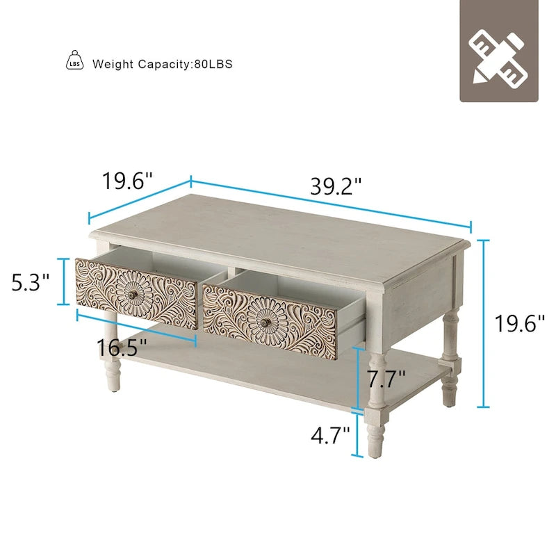 Table basse rectangulaire VENTOPYR au style moderne du milieu du siècle avec 2 tiroirs et une étagère