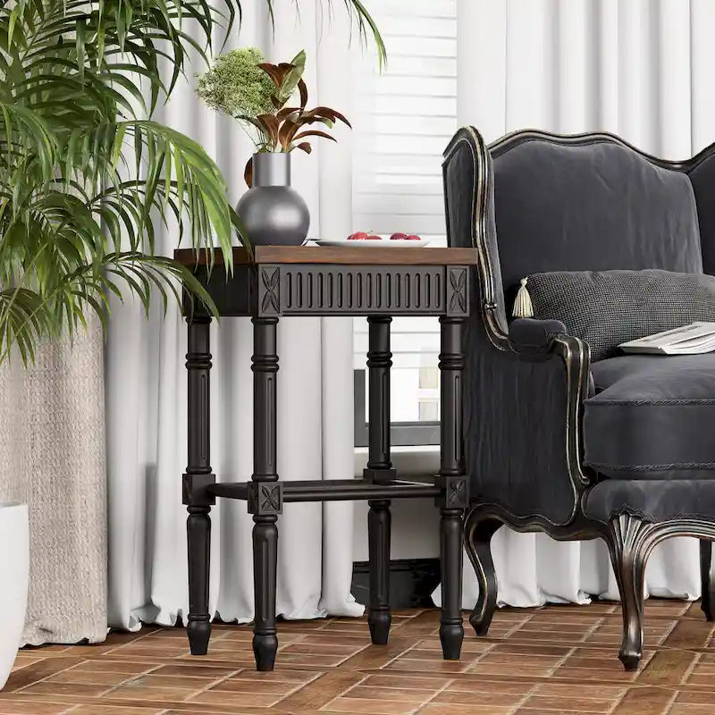COZAYH Table d'appoint de style campagnard français patiné, plateau en espresso et étagère en osier tressé, décor bohème, rustique, de ferme