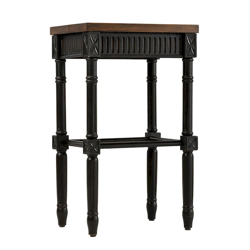 COZAYH Table d'appoint de style campagnard français patiné, plateau en espresso et étagère en osier tressé, décor bohème, rustique, de ferme