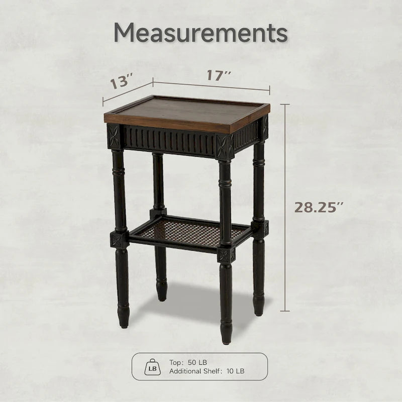 COZAYH Table d'appoint de style campagnard français patiné, plateau en espresso et étagère en osier tressé, décor bohème, rustique, de ferme