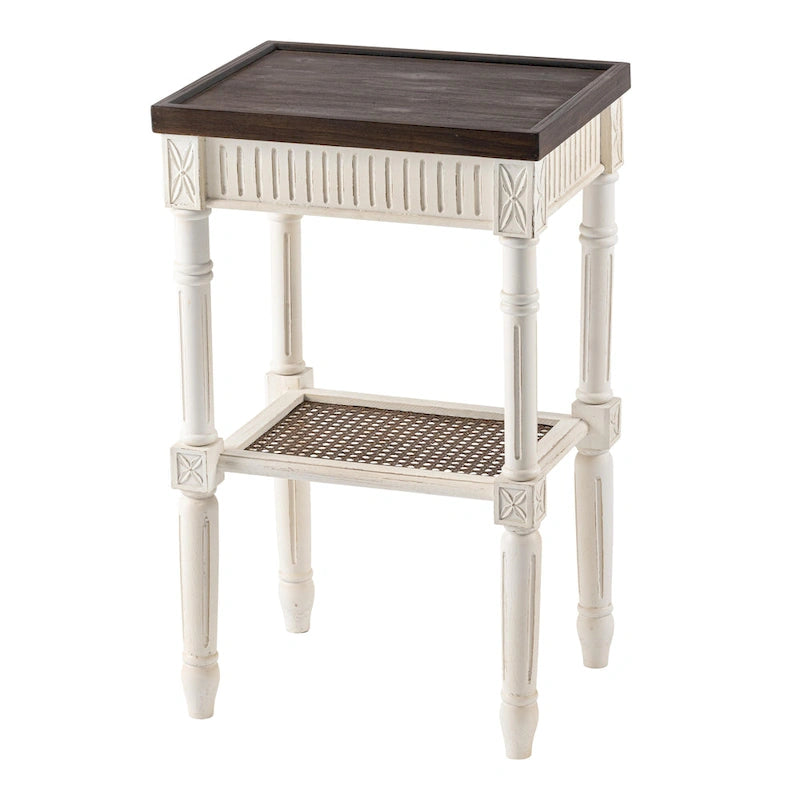 COZAYH Table d'appoint de style campagnard français patiné, plateau en espresso et étagère en osier tressé, décor bohème, rustique, de ferme