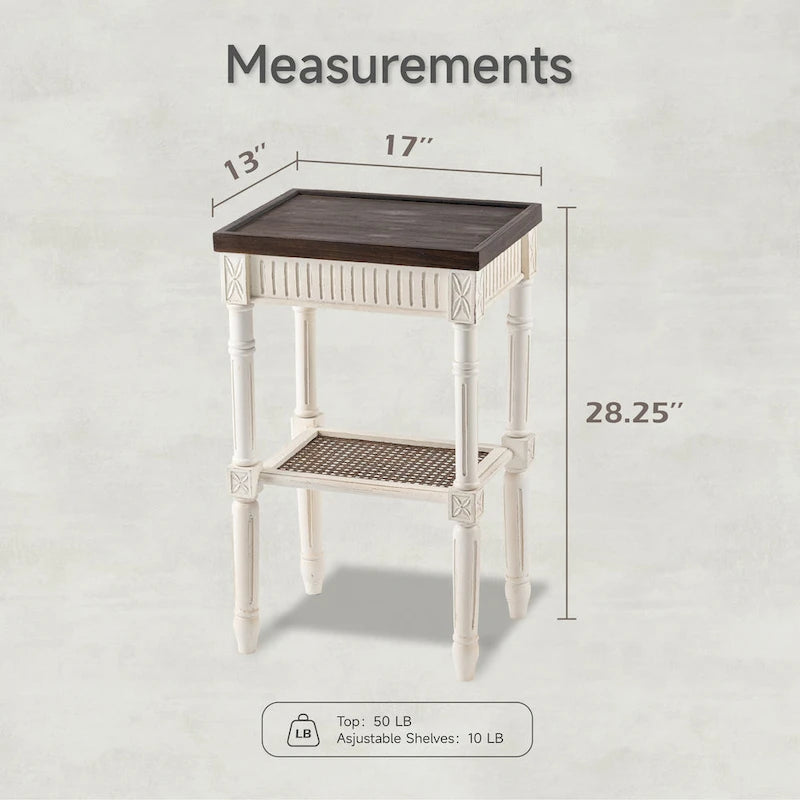COZAYH Table d'appoint de style campagnard français patiné, plateau en espresso et étagère en osier tressé, décor bohème, rustique, de ferme