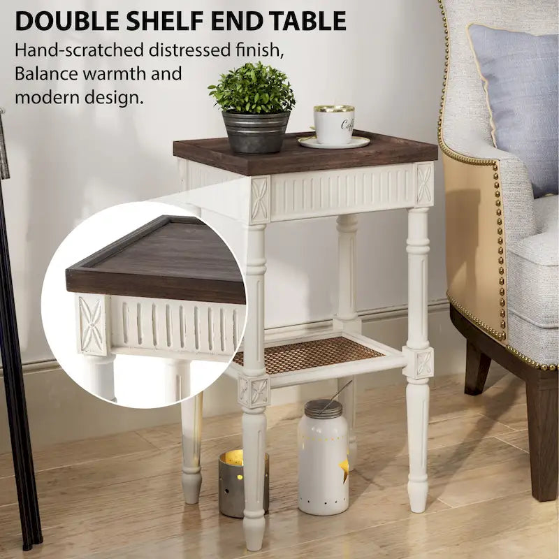 COZAYH Table d'appoint de style campagnard français patiné, plateau en espresso et étagère en osier tressé, décor bohème, rustique, de ferme